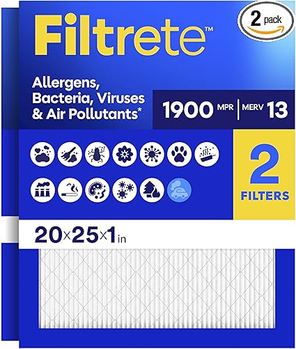 Filtrete 20x25x1 Air Filter, MERV 13 MPR 1900, Allergens, Bacteria, Viruses & Air Pollutants, 3-Month AC/Furnace Filters, Cleaner Air Reliable Airflow, 2 HVAC Filters(Act Size 19.62x24.62x0.78 in)