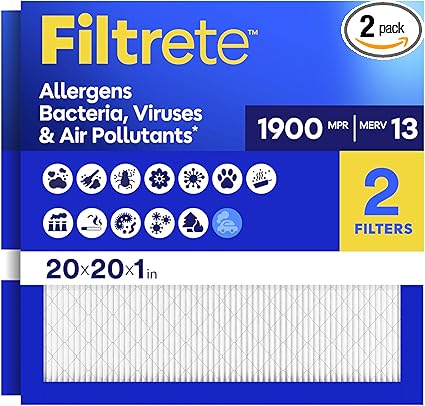 Filtrete 20x20x1 Air Filter, MERV 13 MPR 1900, Allergens, Bacteria, Viruses & Air Pollutants, 3-Month AC/Furnace Filters, Cleaner Air Reliable Airflow, 2 HVAC Filters(Act Size 19.62x19.62x0.78 in)