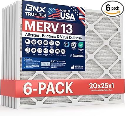 BNX TruFilter 20x25x1 Air Filter MERV 13 (6-Pack) - MADE IN USA - Electrostatic Pleated Air Conditioner HVAC AC Furnace Filters for Allergies, Pollen, Mold, Bacteria, Smoke, Allergen, MPR 1900 FPR 10