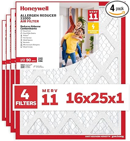 Honeywell 16x25x1 MERV 11 Allergen Reducer 11000 Electrostatic Pleated HVAC AC Furnace Air Filter (4-Pack) | Replacement Filter for Home Use | Made in USA
